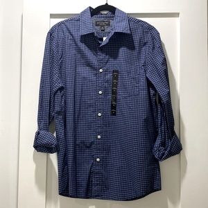 Banana Republic plaid, organic cotton, slim fit untucked shirt.